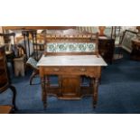 Late Victorian Stained Beechwood Marble Top and Washstand with low tiled back with turned spindles.