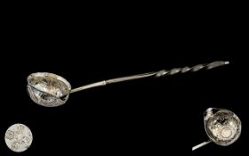 George II Silver and Twist Horn Handle Punch Ladle with Central George II Silver Sixpence Inset -