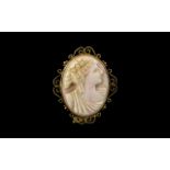 Antique Period 9ct Gold Oval Shaped Ornate & Openworked Mounted Shell Cameo Brooch of nice quality