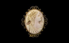 Antique Period 9ct Gold Oval Shaped Ornate & Openworked Mounted Shell Cameo Brooch of nice quality