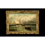 Oil Painting in Canvas, depicting a Masted Fishing Boat in Choppy Seas,