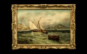 Oil Painting in Canvas, depicting a Masted Fishing Boat in Choppy Seas,