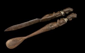 Two African Carved Wood Figures of Women In the Shape of a Spoon and Knife, with Metal Necklaces