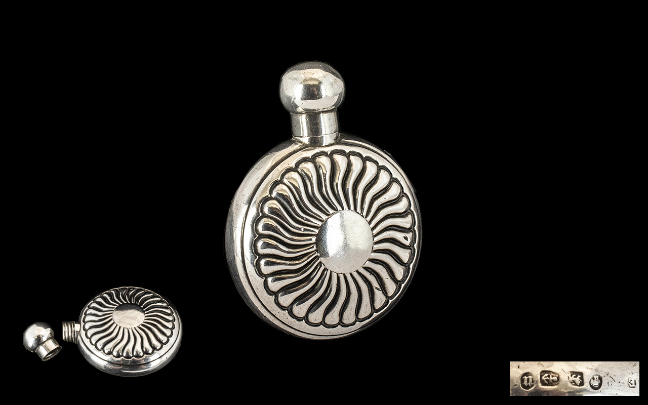 Victorian Period Pleasing Round Silver Screw Top Perfume Bottle with Sun Ray Design to Front and