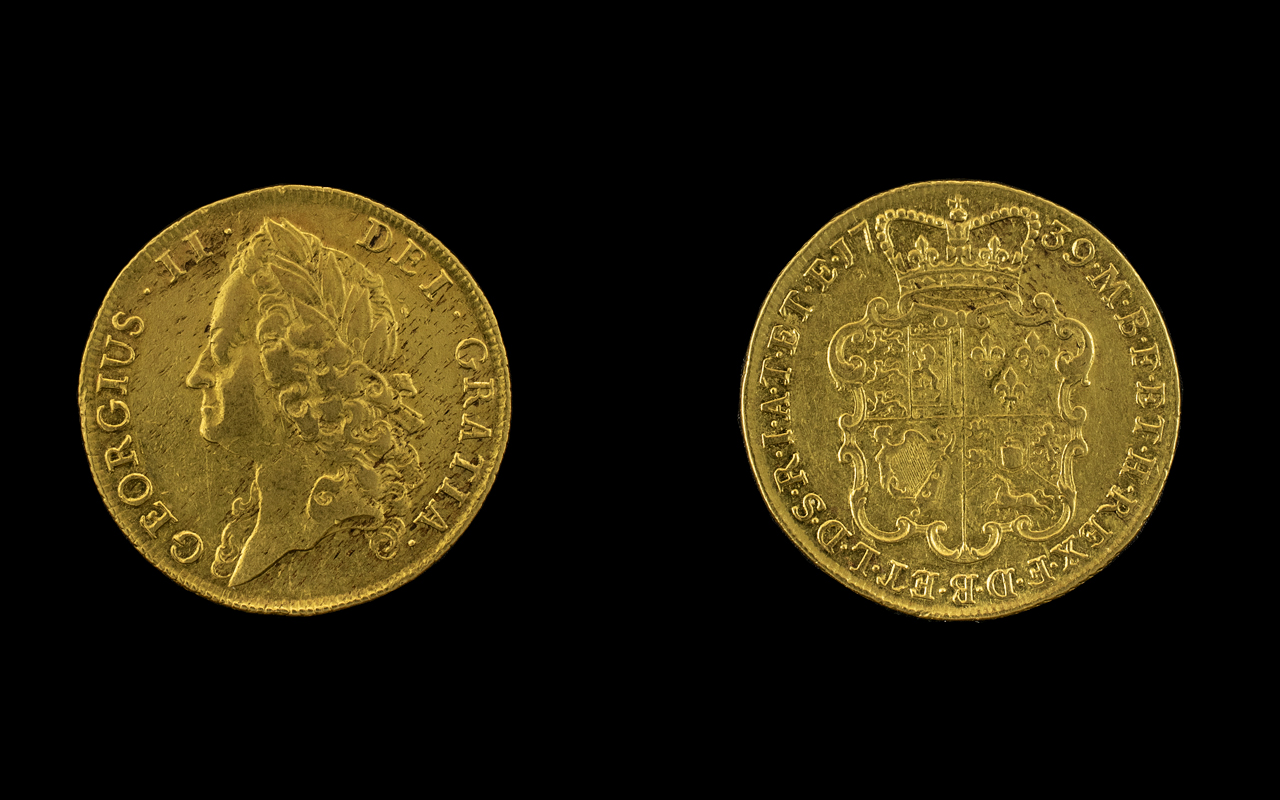 George II (1727-60) Gold Two Guineas 1739 Intermediate laureate head left,