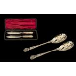 Cased Set of Mother of Pearl Fish Knives and Silver Plate Victorian Pair of Berry Spoons.