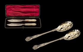 Cased Set of Mother of Pearl Fish Knives and Silver Plate Victorian Pair of Berry Spoons.