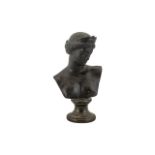 Classical Antique Bronze Bust of Diana, wearing a crown; on a round base; 8.