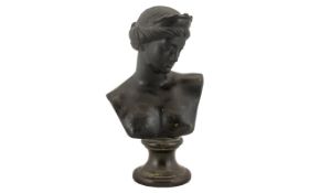 Classical Antique Bronze Bust of Diana, wearing a crown; on a round base; 8.