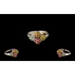 Yellow, Orange, Sunset and Green Sapphire Ring, four flower heads,