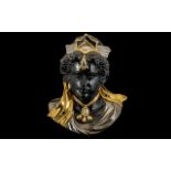 Modern Ceramic Black Glazed Head and Shoulders of a Young Girl Highlighted In Gold & Silver Colour.