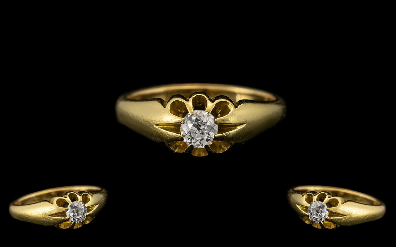 18ct Gold - Superb Single Stone Diamond Set Ring - In a Gypsy Setting,