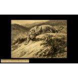 Herbert Dicksee Print (HD 1914) Depicting a Leopard on a grassy outcrop.