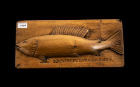 German Fishing Trophy Carved Wooden Fish Mounted On A Rectangular Panel, Carved Text Reads '' D