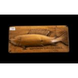 German Fishing Trophy Carved Wooden Fish Mounted On A Rectangular Panel, Carved Text Reads '' D