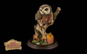 Country Artist - Large Size Fine Quality Hand Painted Bird Figure ' Owl ' on a Tree Stump, Raised on