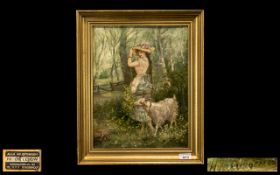 French Oil on Canvas of a girl in a forest setting with a goat, the girl adjusting her bonnet in the