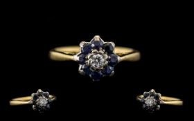 Ladies 9ct Gold Attractive Sapphire and Diamond Set Ring, Flower head Design.