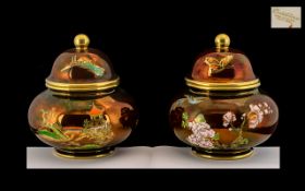 Carlton Ware Hand Painted Enamels Pair of Fine Quality Lidded Jars. c.1950, One In The ' Mikado '