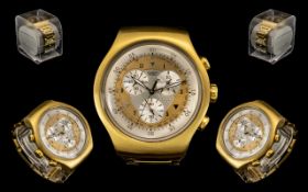 Swatch - Irony Stainless Steel Gold Coloured Chronograph Wrist Watch of Large Proportions.