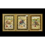Set of Three Oriental Paintings on Silk depicting hunting scenes,