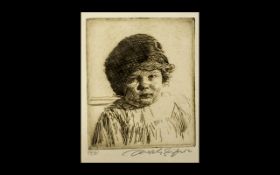 Joseph Simpson - Original Etching of a Child - Titled ' The Fur Cap ' Pencil Signed to the Margins