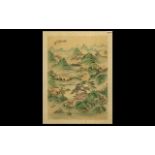 Chinese Painting on Silk of a Mountainous River Landscape with figures; fully signed,