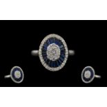 18ct White Gold - Superb Star Burst Designed Sapphire and Diamond Set Dress Ring,