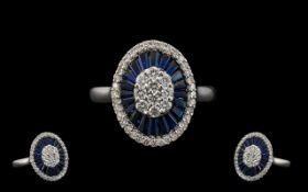 18ct White Gold - Superb Star Burst Designed Sapphire and Diamond Set Dress Ring,