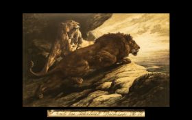 Herbert Dicksee Hand Coloured Etching of a Pair of Lions with a Cub In a Mountainous Setting,