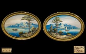 Large Pair of Italian Oval Neapolitan Watercolour Gouache Drawings of Mediterranean views of