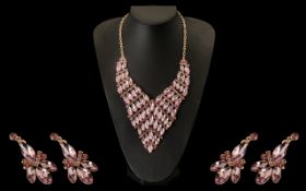 Morganite and Pink Sapphire Colour Crystal Statement Necklace and Earrings.