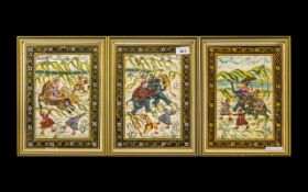 Set of Three Oriental Paintings on Silk