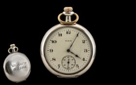 Elgin - Illinois W. C. Co. Keyless Sterling Silver U. S. Navy/Military 2865 Open Faced Pocket Watch.