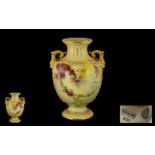 Royal Worcester Hand Painted Blush Ivory Twin Mask Handle - Globular Shaped Vase, Shape No 1632,