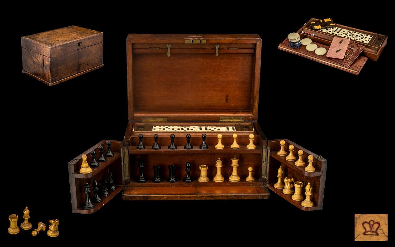 Mid 19th Century -Staunton Chess Set & Burr Walnut Games Compendium Cabinet Box with Fitted