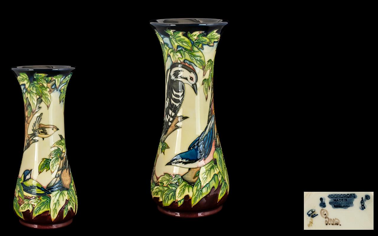 Moorcroft - Tall and Impressive Tubelined Vase ' Ingleswood ' Woodpecker and Other Birds Design.