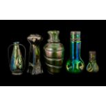 Five Loetz Type Green Iridescent Glass Vases one with pewter mounts. 7" high.