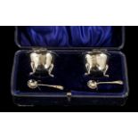 Boxed Set of Two Silver Salts with spoons, in original blue box lined in blue satin and velvet.