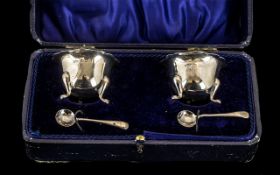 Boxed Set of Two Silver Salts with spoons, in original blue box lined in blue satin and velvet.