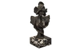 French Art Nouveau Pewter Bust, After Alphonse Mucha, Raised On A Square Marble Base.