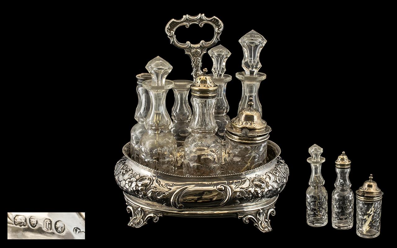 Victorian Period Sterling Silver 7 Piece Condiment Set with Sterling Silver Stand with Vacant