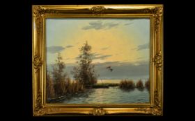 Original Painting of Lake Scene by Bradiver. Framed in an ornate frame, measures 29" x 25".