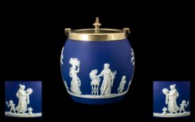 Wedgwood Victorian Period Fine Quality Blue Jasperware Biscuit Barrel with Silver Plated Lid,