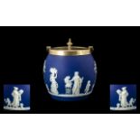 Wedgwood Victorian Period Fine Quality Blue Jasperware Biscuit Barrel with Silver Plated Lid,