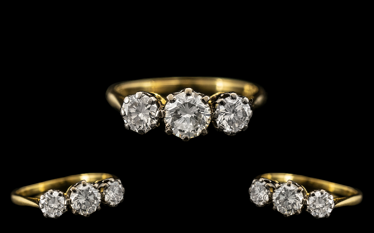 18ct Gold Attractive 1930s Three Stone Diamond Set Dress Ring marked 18ct to interior of shank.