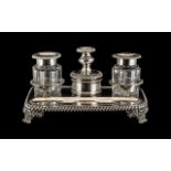 Antique Sheffield Plate Inkwell Stand circa 1820's with two shaped glass ink well bottles one for