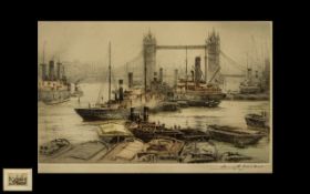 Henry G Walker Coloured Etching of Tower Bridge and the Pool of London;