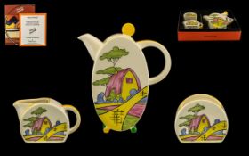 Wedgwood Clarice Cliff Boxed Set "Bonjour Coffee Set Pink Roof Cottage" Based On An Original Design,