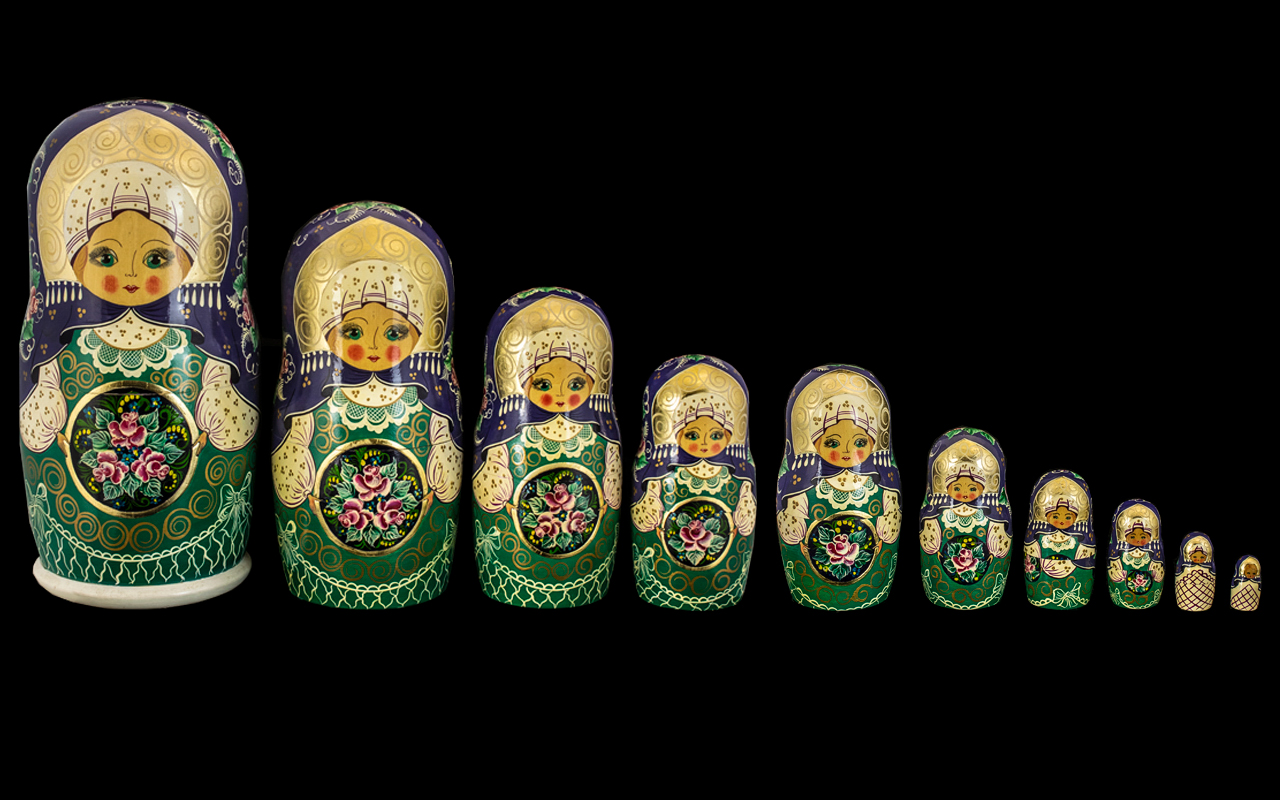 Russian Fine Set of Ten Hand Painted Graduated Dolls - Matryoshka Dolls the tallest measuring 12